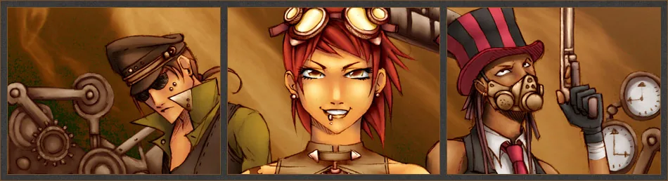 Three Über RPG: Steampunk characters: an engineer in a peaked cap, a goggled adventurer, and a masked gunman in a top hat.