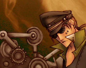 An engineer in a peaked cap and eyepatch among brass gears
