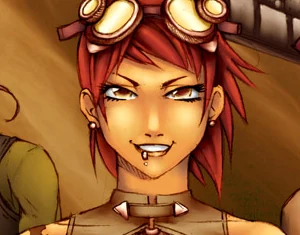 A grinning red-haired adventurer with goggles pushed up on her head
