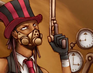A masked gunman in a striped top hat, pistol raised beside a pocket watch
